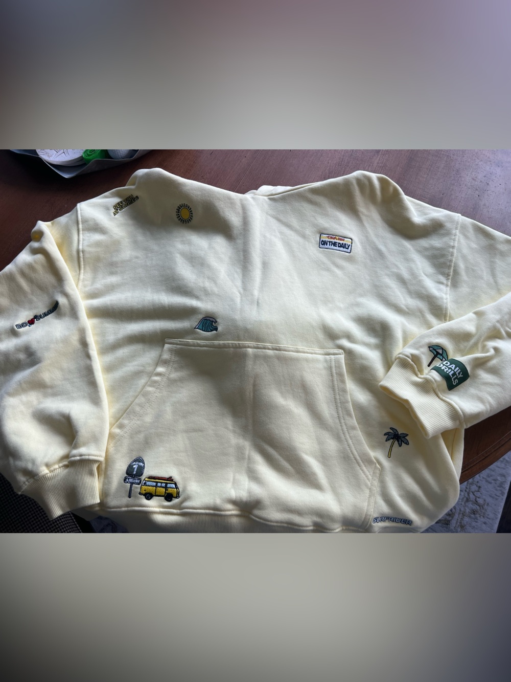 DAILY DRILLS Pale Yellow Hoodie with Embroidered Icons S/M